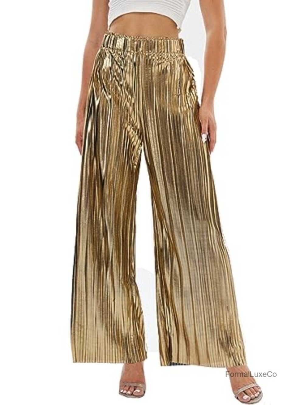 Metallic Sparkle Sequin Wide Leg Palazzo Pants High Waist Party Club